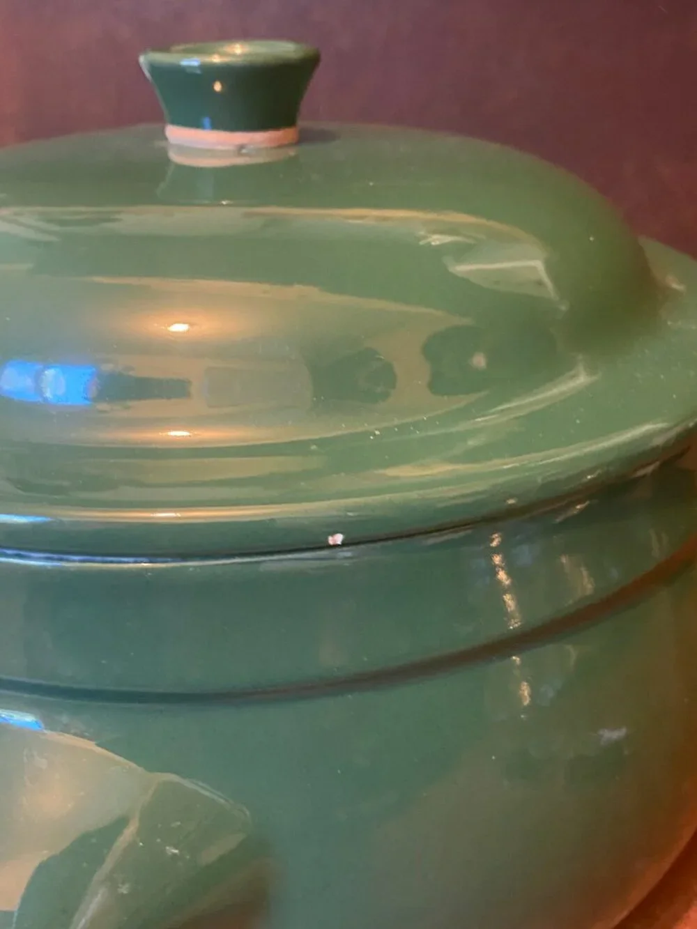 1990s Emile Henry Forest Green Round Ceramic Casserole Dutch Oven Vintage